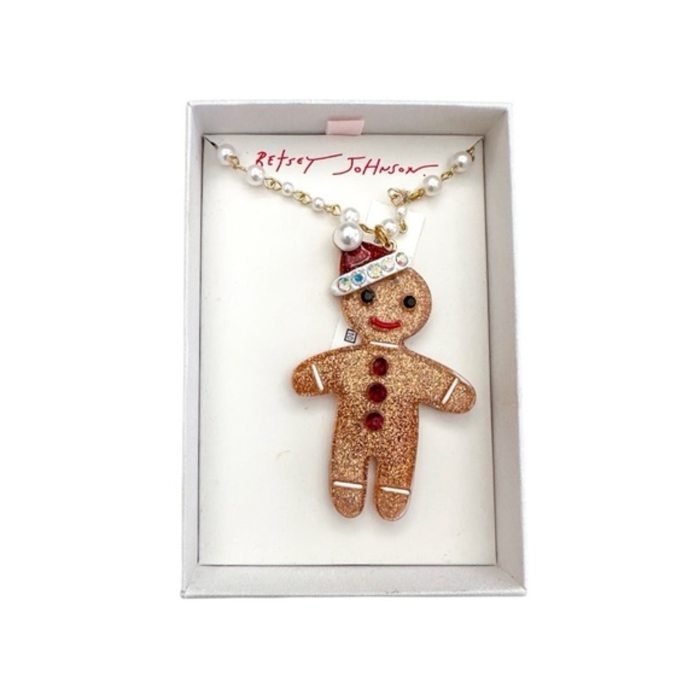 NIB Betsey Johnson Gingerbread Man Santa Hat Necklace Holiday Charm Great Gift